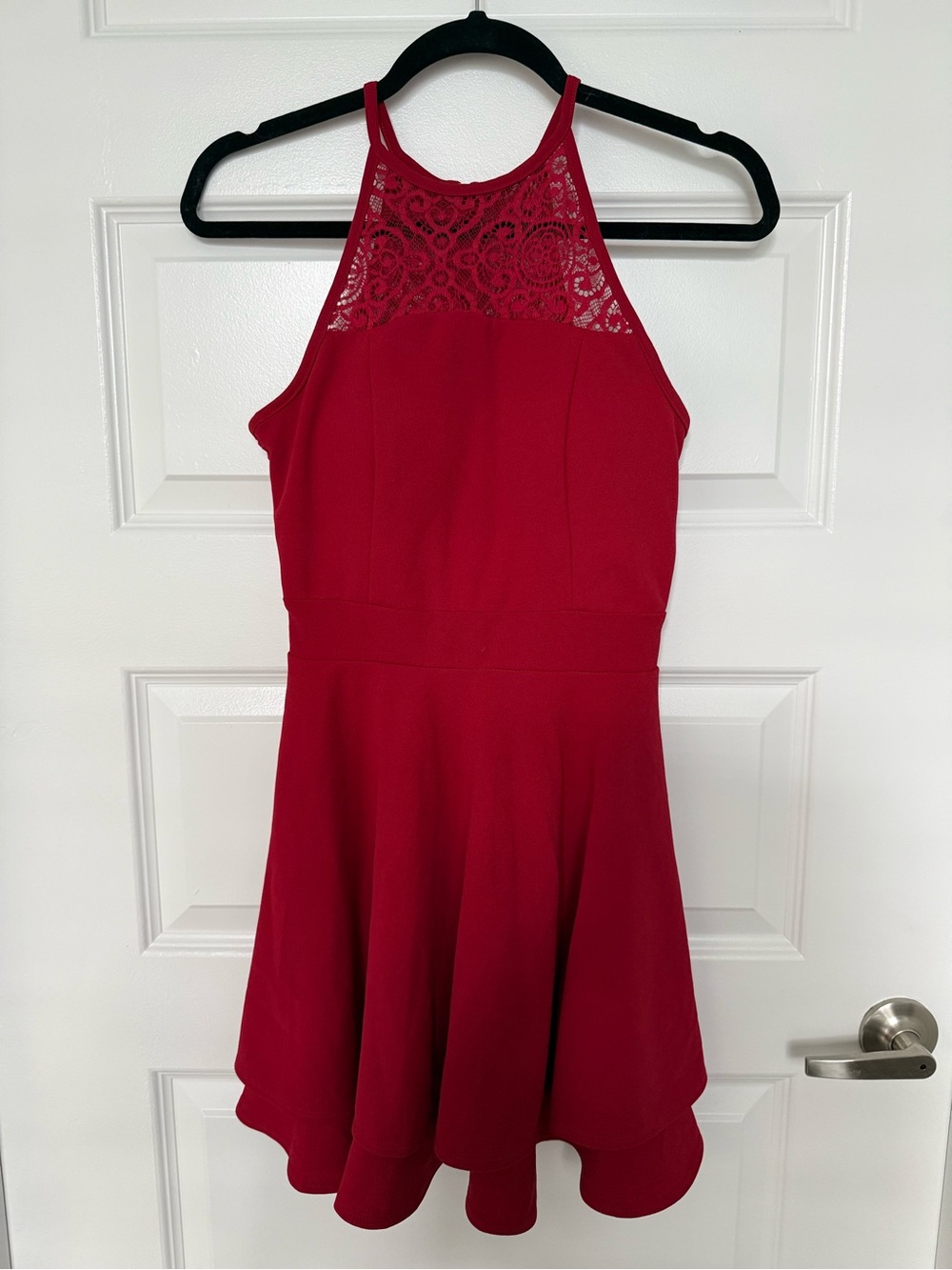 Honey and Rosie Red Lace Yoke Halter Skater Dress